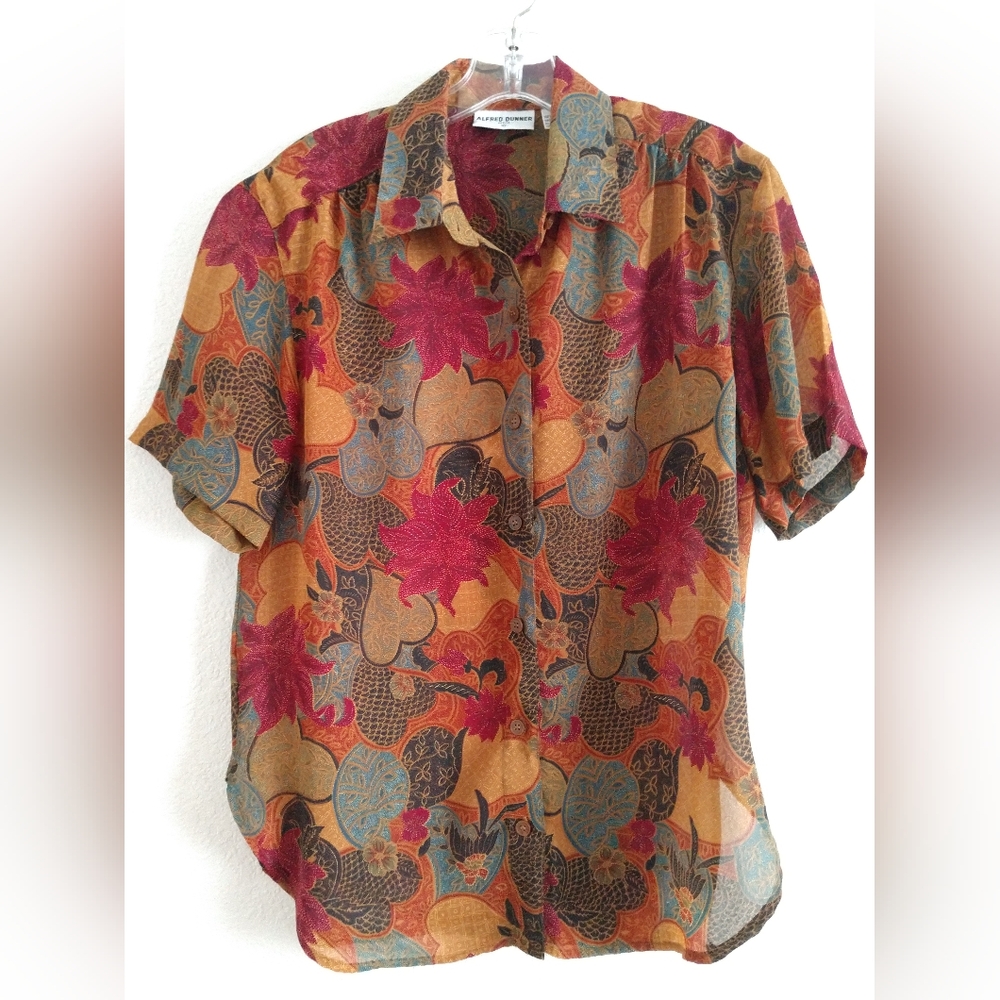 Pretty Alfred Dunner Dark Floral Sheer Blouse Short Sleeve Brown 10 Petite 10P